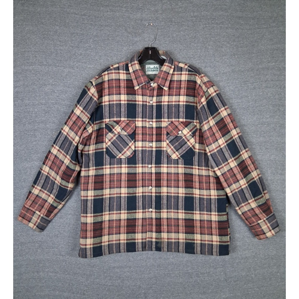 Outdoor Exchange Mens Jacket Large Blue Red Wool Flannel Quilt Nylon Lined VTG